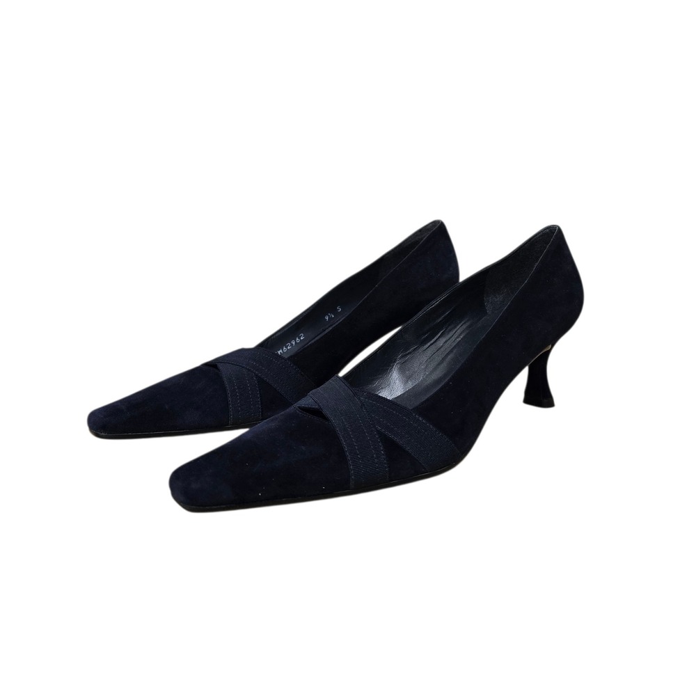Stuart Weitzman Navy Blue Suede Kitten Heel Pumps Pointed Square Toe Size 9.5 - Picture 4 of 7